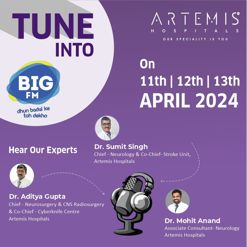 Tune in to Big FM and hear our experts from Artemis Hospitals discuss neurology and more! Don't miss out on insights from Dr. Sumit Singh, Dr. Aditya Gupta, and Dr. Mohit Anand. Dates: April 11th, 12th, and 13th. #BIGFM #neurology #BIGFM #neurologia #neurologist