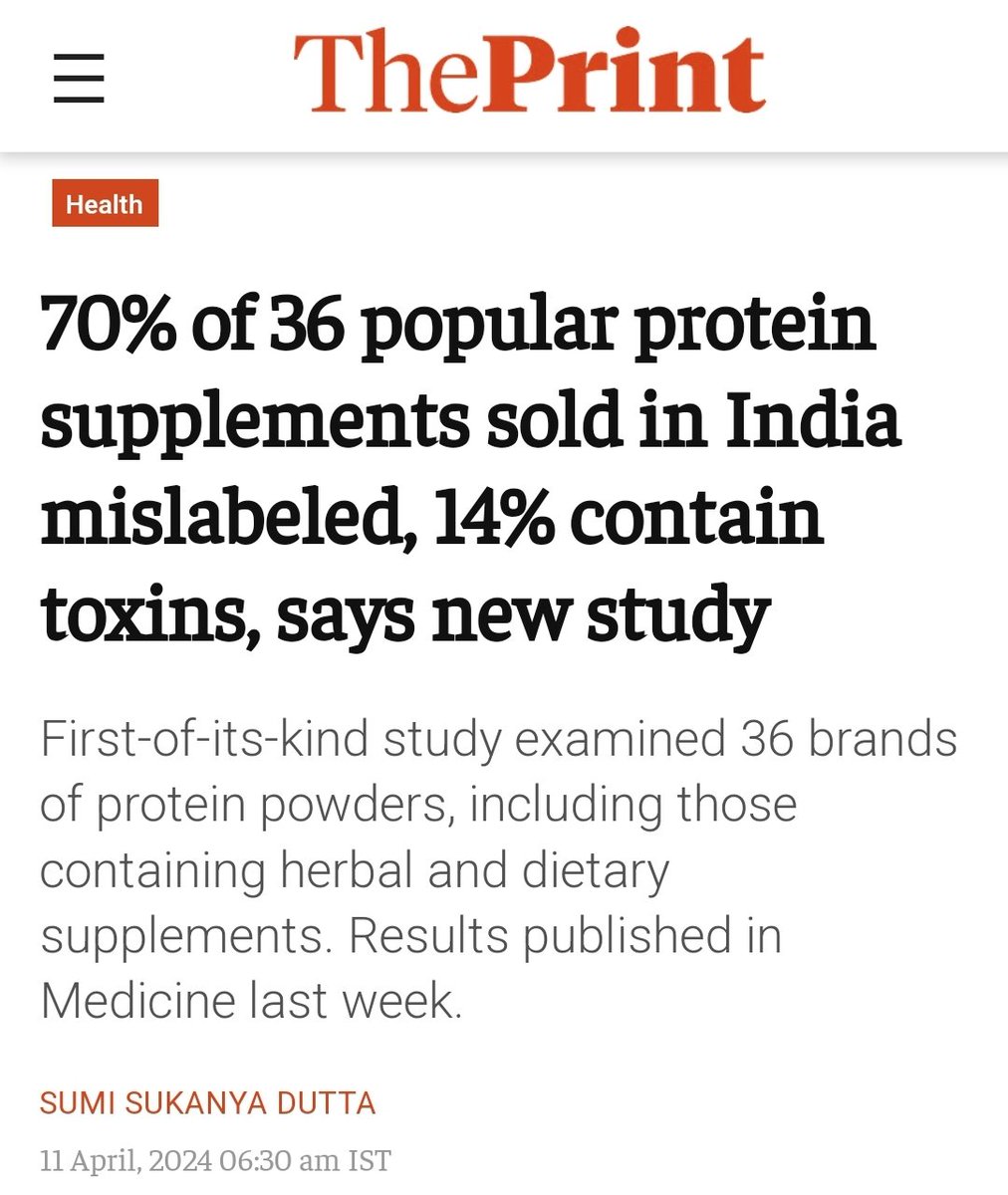 Thank you @SumiSukanya for reporting in detail, our pro-public health study on quality of protein supplements sold in India for @ThePrintIndia A fantastic independently performed, citizen targeted project, funded by @paraschopra, now peer reviewed and published in…
