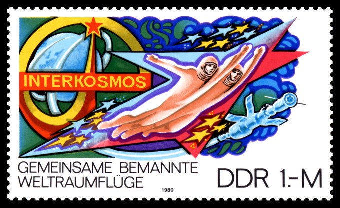 11 April 1980: stamps issued in East Germany to celebrate the 'Interkosmos' space programme which promoted non-Soviet technology and cosmonauts being used in Soviet space travel missions