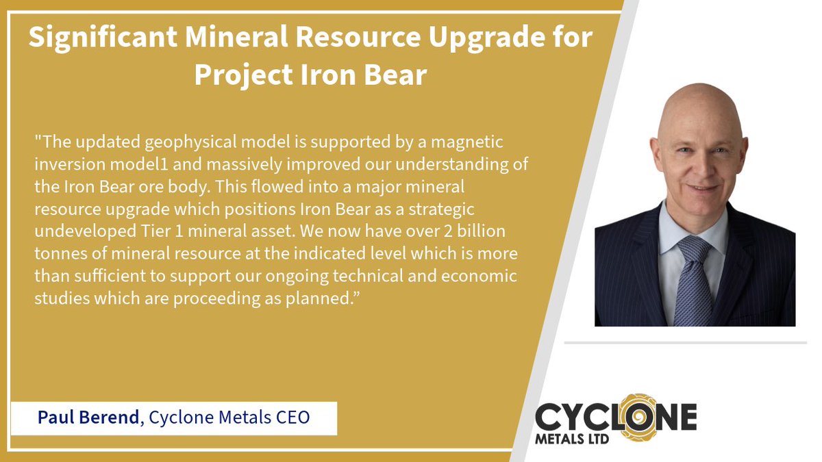 CycloneMetals's tweet image. Significant Mineral Resource Upgrade for Project Iron Bear

$CLE.ax #IronOre #Mining