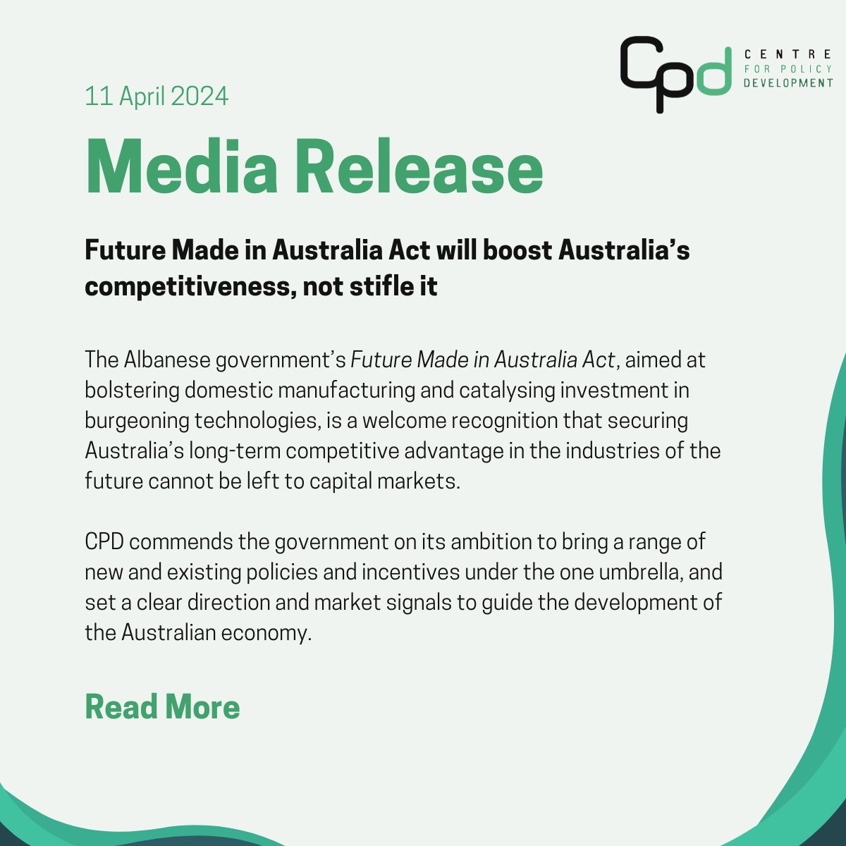 CPD welcomes the government's announcement of the #FutureMadeinAustralia Act, which acknowledges that building the industries of the future can't be solely left to capital markets. 
Read more: cpd.org.au/future-made-in…