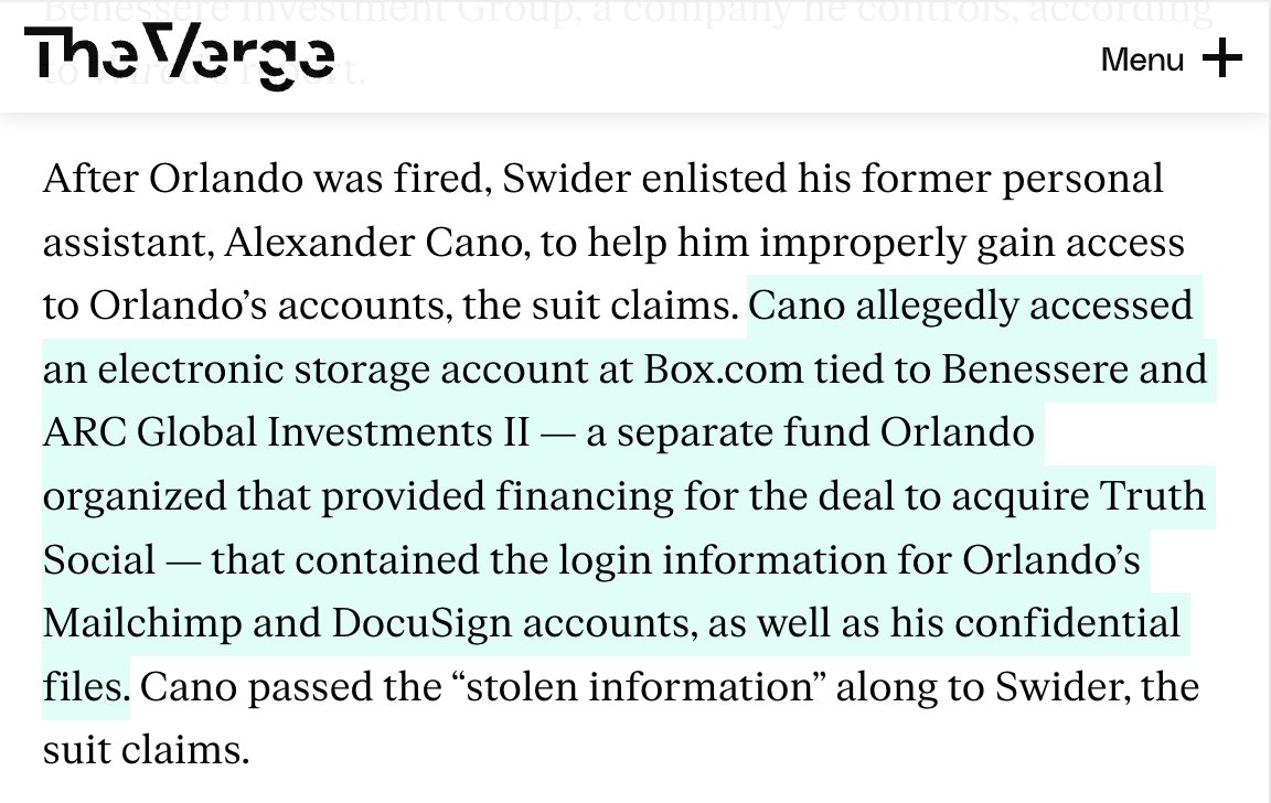 Former $DWAC CEO Patrick Orlando is suing his successor Eric Swider for allegedly hacking his accounts as part of a 'coup d'etat' after Orlando was fired amid the rocky Truth Social merger deal, which faced delays and probes costing $100M. theverge.com/2024/4/10/2412…