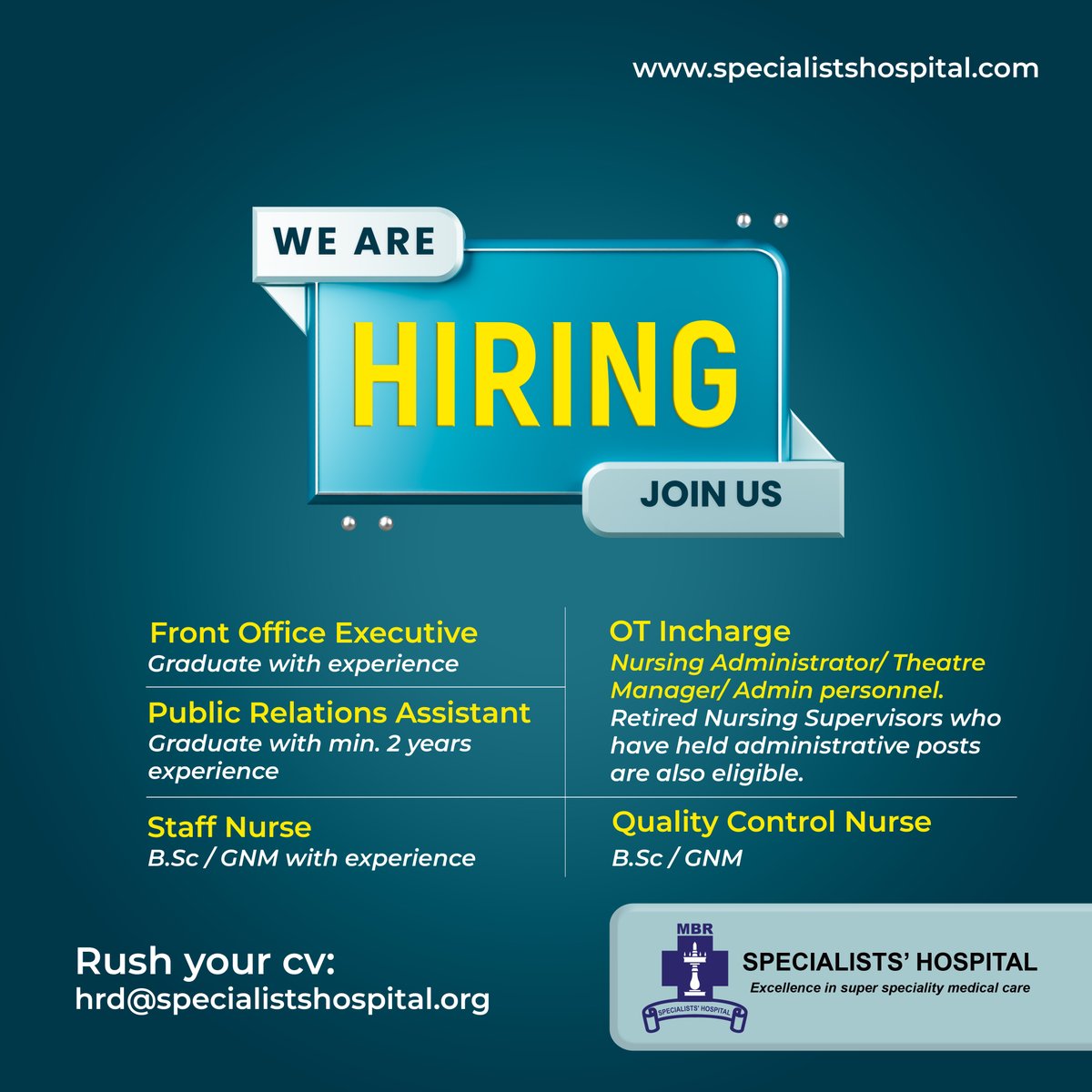 We are expanding our team and now hiring

Send your resume to: hrd@specialistshospital.org

#besthospital #ernakulam #specialists40years #specialistshospitalkochi #kochi #FreeMedicalCamp #recruitment #hiring #nowhiring #vacancy #nursingcareers #staffnursejobs #nursingassistance