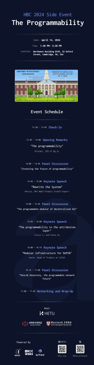 🤩 “The programmability”event scheduled on April 14th during Harvard Blockchain Conference. We are honored to cohost with @OKXWeb3_CN and @iotex_io @IoTeXaaron . Our event include speakers from: @0G_labs @mheinrich @bitgetglobal @network3_ai @powerhash_ai 🚀April 14th: 1:30 pm