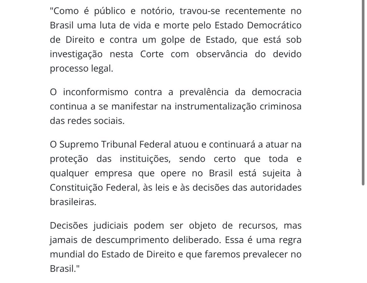 “Toda e qualquer empresa que opere no Brasil está sujeita à Constituição Federal, às leis e às decisões das autoridades brasileiras.” Nosso total apoio à nota do @STF_oficial, em resposta aos recentes ataques à democracia e a autoridades brasileiras. Mais do que nunca, o campo…