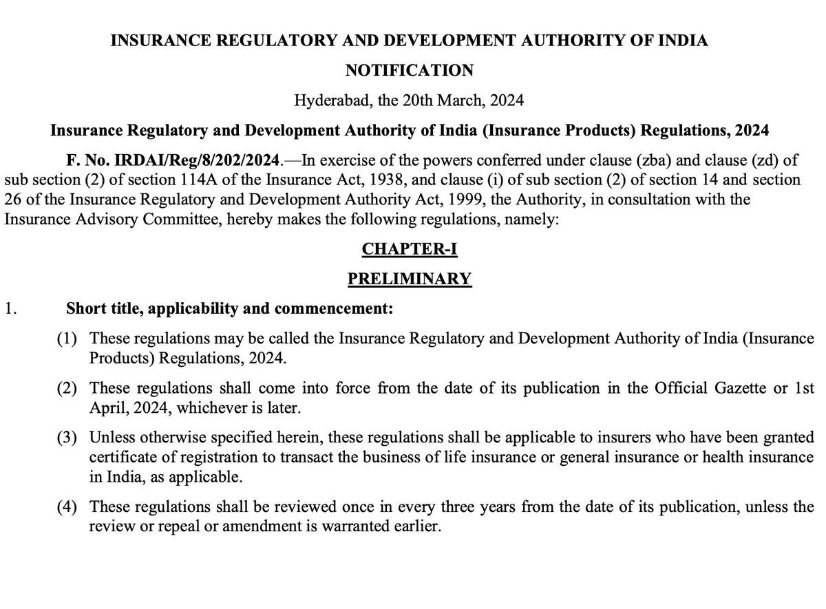 🚨 Good news: Important updates in Health Insurance. IRDAI made some changes in health insurance, through their recently released regulations. These come in force from 1st April 2024. Thread 🧵👇🏻