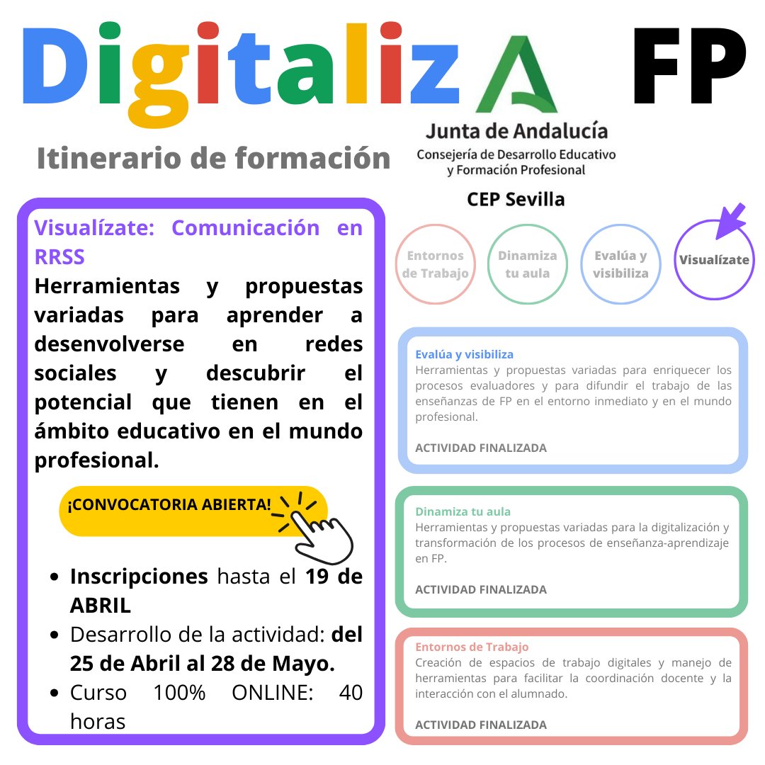 ¡Hola a tod@s! Seguimos con el 4º curso el itinerario de formación #DigitalizaFP a nivel REGIONAL (para TODA ANDALUCÍA!) #VISUALÍZATE: COMUNICACIÓN EN RRSS
Si eres profe de Formación Profesional #FP y/o conoces a alguien que lo sea, ¡COMPARTE!  <a href="/CEPdeSevilla/">CEP de Sevilla</a>