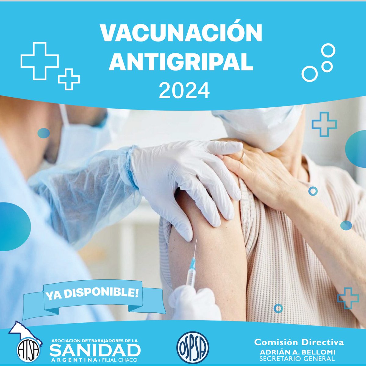 sanidadChaco's tweet photo. VACUNATORIO 

¡Queremos contarte que en Atsa Filial Chaco contamos con la VACUNA ANTIGRIPAL 2024 🦠🤒🤧!

📍Podes obtenerla en nuestro vacunatorio de Av. Rodriguez Peña N° 275. 
Los esperamos compañeros
#AtsaChaco #VacunatorioAtsaChaco #Vacunacion2024 https://t.co/p8XivDYKA5