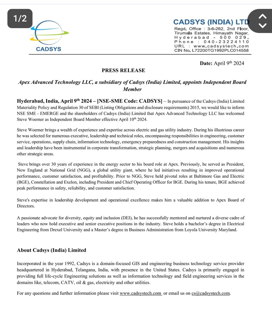 What a Masterstroke by an INDIAN micro cap company in US. 
Apex Advanced Technology LLC, a subsidiary of Cadsys (India) Limited, appoints STEVE WOEMER as Independent Board
Member.
He is committed to advancing New England’s clean energy objectives. 
 #CADSYS
#GREENENERGY