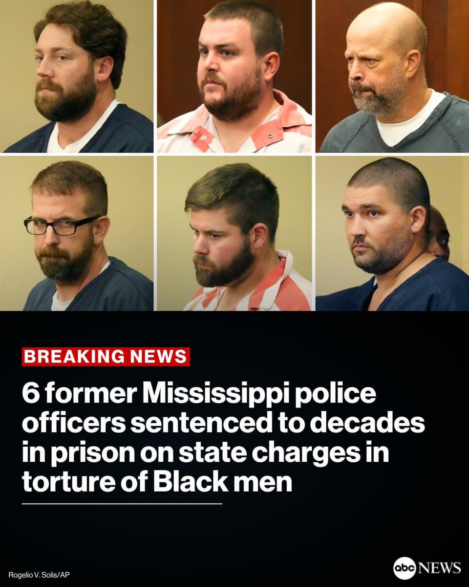 TheJustUsApp's tweet photo. BREAKING NEWS‼️ 6 former Mississippi law enforcement officers were sentenced to decades in prison Wednesday after pleading guilty to state charges related to the racially motivated torture, sexual assault, &amp; shooting of 2 Black men. #policebrutality #mississippi #justusapp https://t.co/KZsMFqnkyX