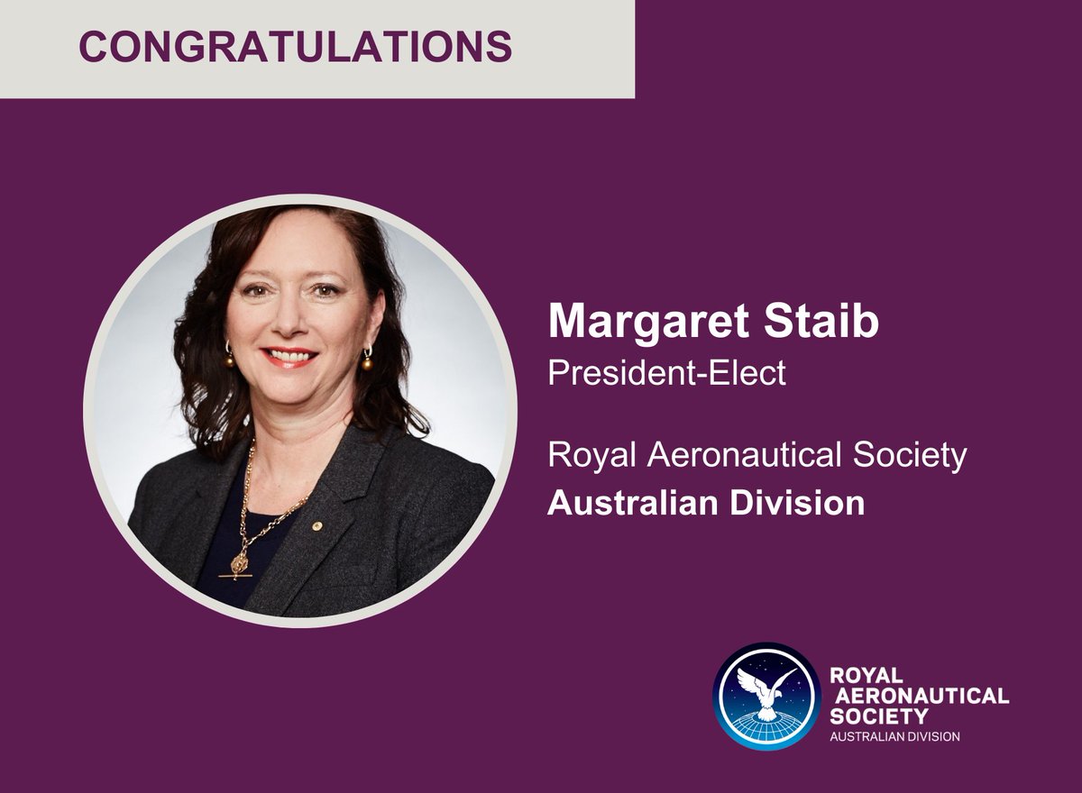 Join us in congratulating Margaret Staib Air Vice Marshal AM, CSC, FRAeS, on her election to President Elect Royal Aeronautical Society Australian Division. #RoyalAeroAU #aerospace #AeroSociety