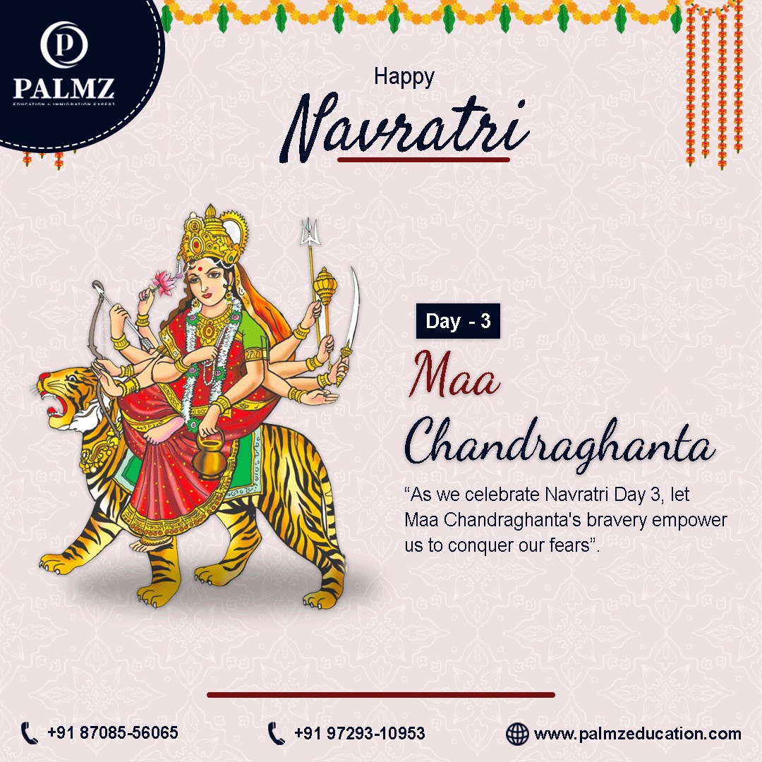 'As we celebrate Navratri Day 3, let Maa Chandraghanta's bravery empower us to conquer our fears'.

#happynavratri #navratriday3 #festival #navratri #studyabroad #studyvisa #visitorvisa #canadastudy