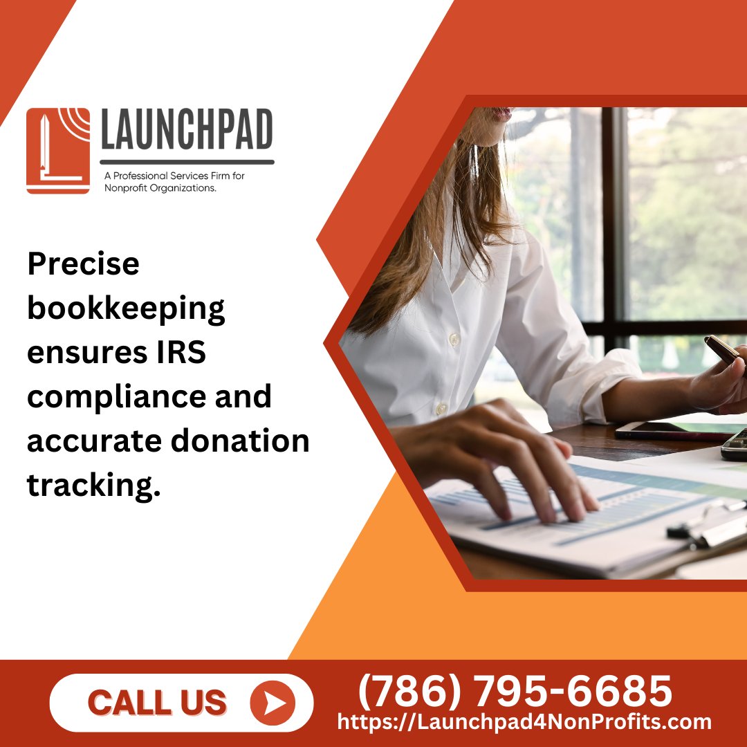 Accurate donation tracking is essential for IRS compliance and the integrity of your nonprofit. Launchpad in Miami, FL, provides meticulous bookkeeping services to ensure your financial records are precise and up-to-date. Call us at (786) 795-6685. #NonprofitAccounting