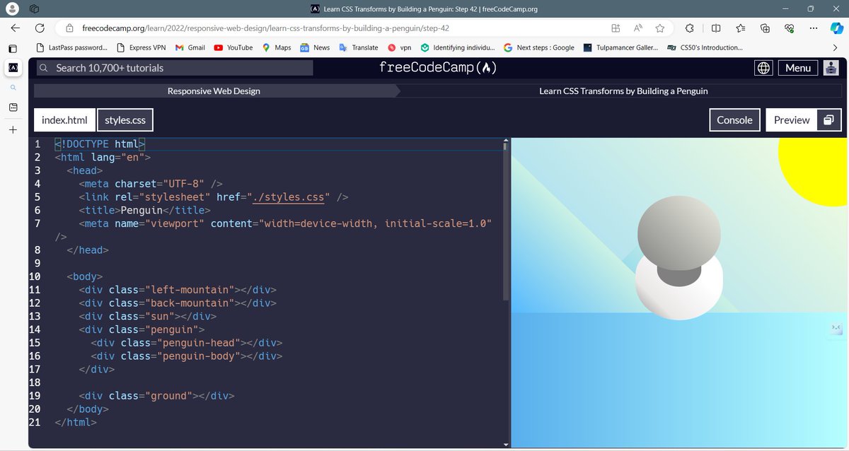 Day 72 of #100DaysOfCode 
#100daysofcodechallenge 
Learn CSS transforms by building a Penguin.