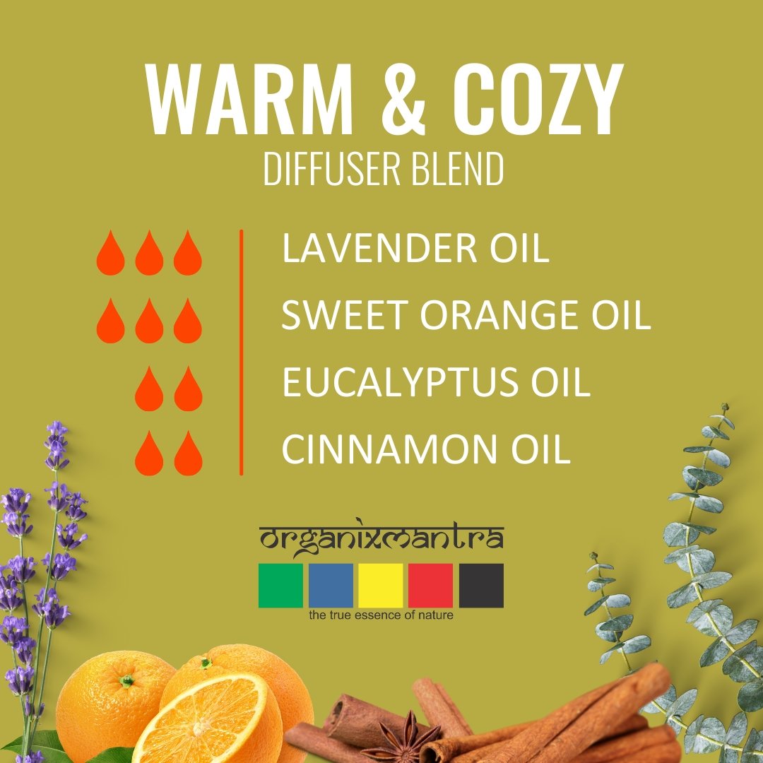 Transform your space into a sanctuary of serenity with our DIY diffuser blend 🌿✨. Lavender, Eucalyptus, Sweet Orange, and Cinnamon a magical combo to soothe, refresh, and warm your soul 🏡💖. #Aromatherapy #CozyVibes #StressRelief #OrganixMantra 
Try Now bit.ly/3YYcJX8