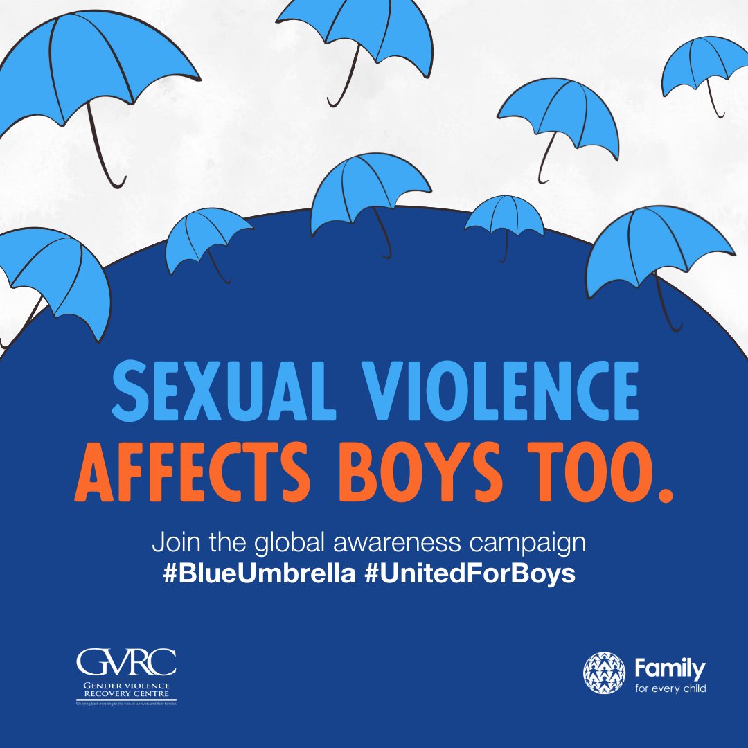 Boys too, experience the devastating effects of sexual violence. Join us in the global awareness campaign to break the silence, & create a world where every child, regardless of gender, can grow up safe. #BlueUmbrellaDay #UnitedForBoys #FamilyForEveryChild