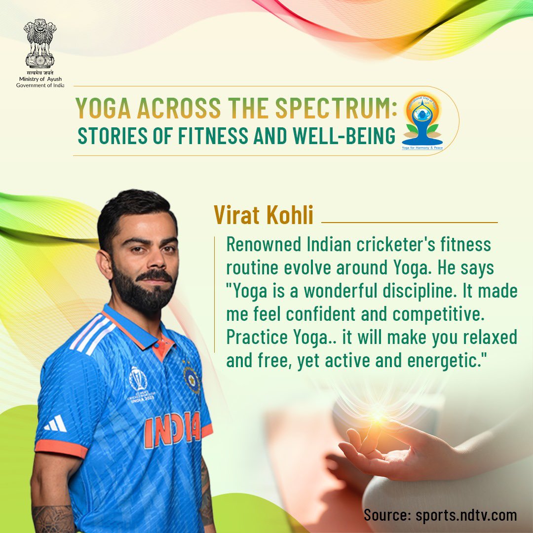Indian cricketer Virat Kohli has long been an advocate for Yoga as a cornerstone of his fitness routine. He has often credited Yoga for enhancing his confidence and competitiveness on the field.
#YogaAcrossTheSpectrum #IDY2024 #InternationalDayOfYoga20204