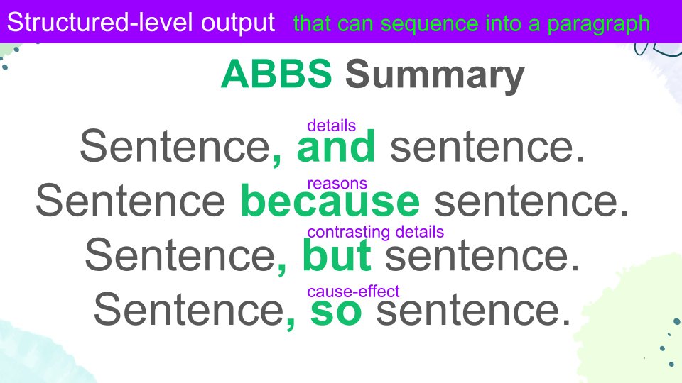 After reading The Writing Revolution, I added the ' because, but, so' to make a structure that scaffolds summary writing. It's called ABBS Summary: