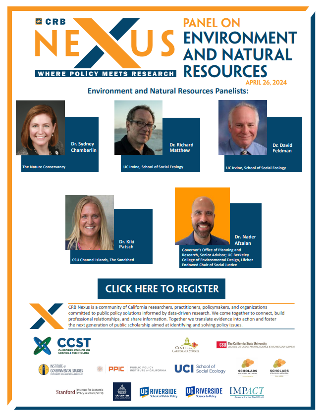 Dr. Feldman will be speaking as part of the panel on Environment and Natural Resources provided by CRB Nexus! 🗓 When: April 26, 2024 🕑Time: 11am – 12:30pm PST 👨‍💻Where: Online, RSVP through link (also in the linktree) libraryca.libcal.com/calendar/calif… ❗This event will NOT be recorded❗