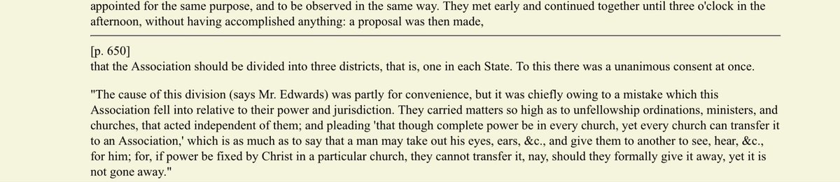 Virginia Baptists, 1770: Baptists don’t transfer disciplinary authority to the new association when they agree to cooperate in religious associations.