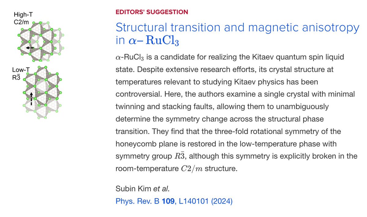 PhysRevB's tweet photo. PRB Editors' Suggestion: #StructuralTransition and #MagneticAnisotropy in α−#RuCl3
Subin Kim, Ezekiel Horsley, Jacob P. C. Ruff, Beatriz D. Moreno, and Young-June Kim
Phys. Rev. B 109, L140101
➡️ https://t.co/dgdhxut8IH
#PRBLetter #EdSugg #physics #condmat @APSPhysics https://t.co/hL42b4f0h3