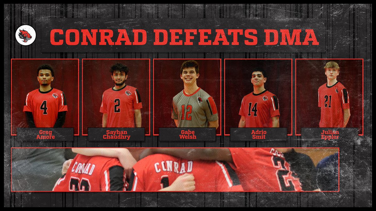 Conrad boys volleyball beat DMA tonight 3-1. This is the first time the boys volleyball team has ever been victorious against DMA. Sayhan C: 11 digs, 19 assists Greg A: 11 kills, 10 digs Adrio S: 13 kills, 7 assists Gabe W: 28 digs, 2 aces Julian E: 9 kills, 4 blocks