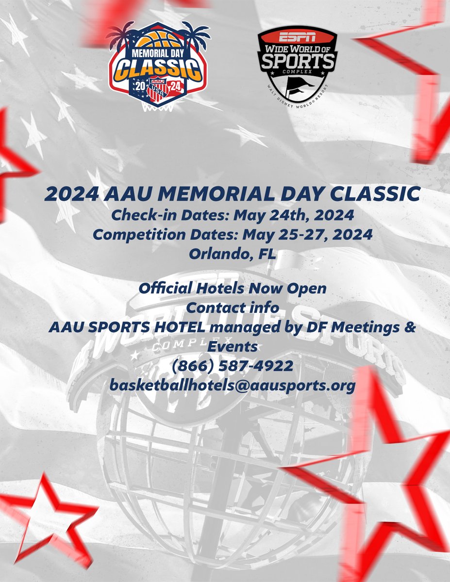 Are you coming to the 2024 AAU Memorial Day Classic? We've got you covered. Check out our hotel list and find the perfect stay to make it a perfect weekend! 🔗 aausportshotels.com/memorialday2024 #AAUMemorialDayClassic #AAUBasketball