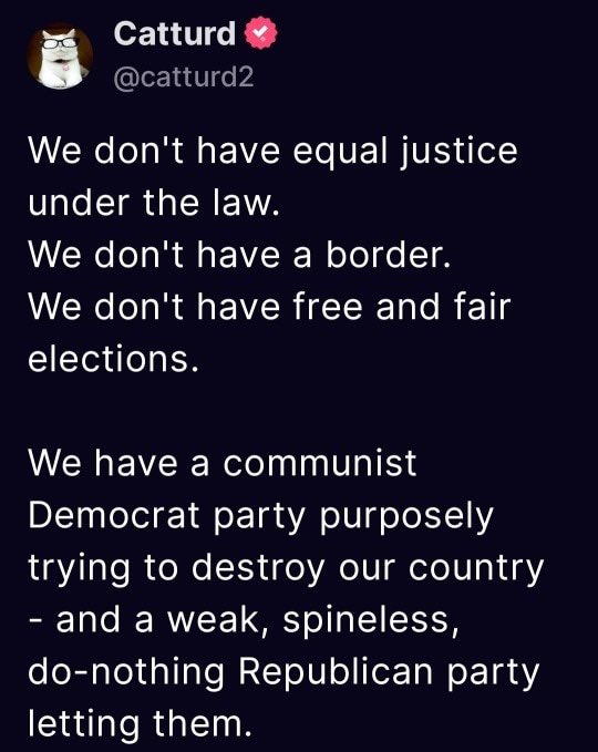Hits the nail on the head. I dare you to defy .@catturd2 ‘s truthful observations. ✳️We don't have equal justice under the law. ✳️We don't have a border. ✳️We don't have free and fair elections. ✳️We have a communist Democrat party purposely trying to destroy our country, and…