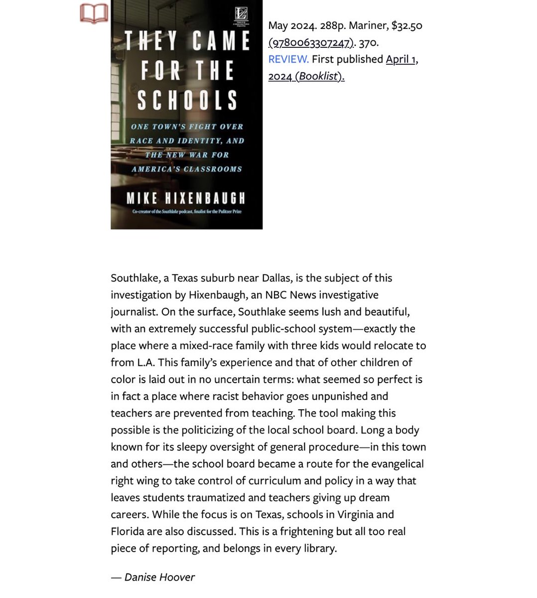 Mike Hixenbaugh is mikehixenbaugh.com on BlueSky (@mike_hixenbaugh) on Twitter photo NEW review from <a href="/ALA_Booklist/">ALA_Booklist</a>:
My book, “They Came for the Schools,” is a “frightening but all too real piece of reporting” that “belongs in every library.”
Preorder today! 👉 mikehixenbaugh.com NEW review from <a href="/ALA_Booklist/">ALA_Booklist</a>:
My book, “They Came for the Schools,” is a “frightening but all too real piece of reporting” that “belongs in every library.”
Preorder today! 👉 mikehixenbaugh.com