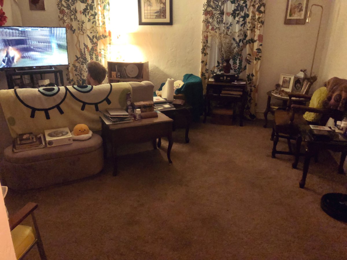 kittykaratedojo's tweet photo. Here’s a low res pic i took of the living room last night after i finished. Before this i had furniture halfway moved around (the idea was there, not so much execution) &amp; random stuff everywhere &amp; 😅 i’ll never let anyone see what it looked like 3 hours before i took this pic lol https://t.co/cpb5SuxRzA