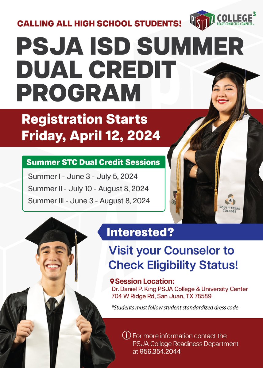 Calling all High School students! 📣📣📣 Registration for the PSJA ISD Summer Dual Credit Program opens on Friday, April 12, 2024! For more information, speak to your school counselor or contact the PSJA College Readiness Department at 956-354-2044 #PSJAFamily