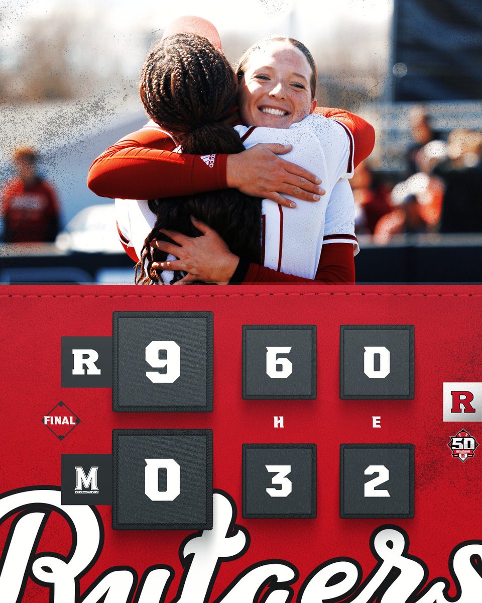 VICTORY | Rutgers 9, Maryland 0 - 5 inn 🥎 Mattie Boyd complete game with 5 Ks to improve to 14-6 🥎 Morgan Smith becomes single-season RBI leader with a grand slam and totals 5 RBIs 🥎 Rutgers sweeps Maryland for 2nd straight season Up Next: vs Nebraska #GoRU #RUSB #Team50