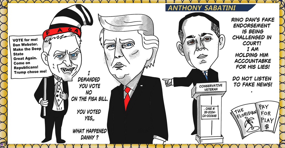 mariagrasmick's tweet photo. Political cartoon President Donald Trump Anthony Sabatini for Congress.. Dan Webster #DonaldTrump #Anthonysabatini #FISA #killFisa #Politicalcartoon #danwebster #rino https://t.co/8SzsEqzZ2k