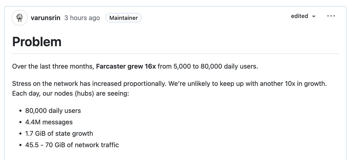 Our plan is to scale Farcaster to 1 million daily users. The network must handle 10,000 transactions per second while staying credibly decentralized. That's the same order of magnitude as Visa.