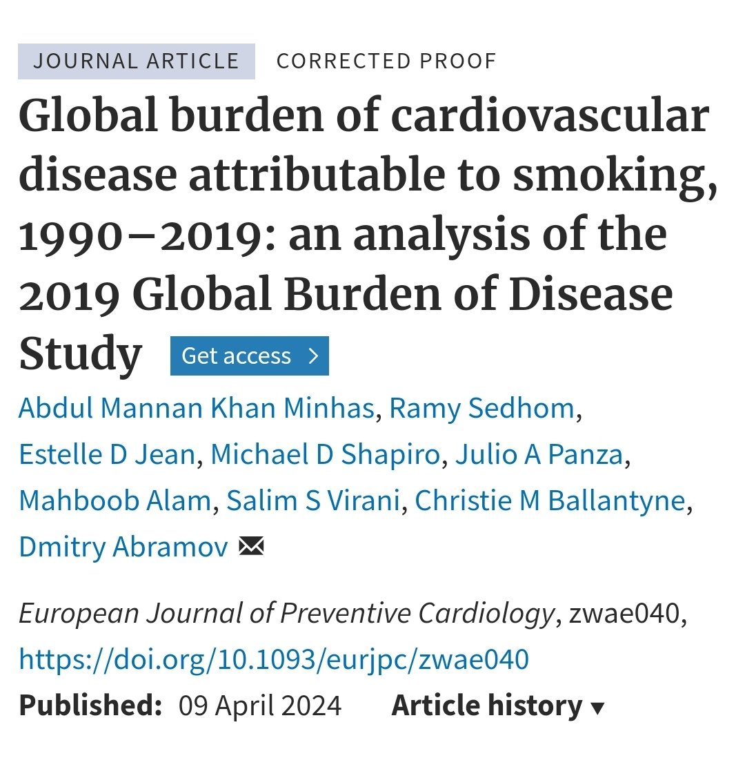 Great work led by @AbdulMannan5465 from Global Burden of Disease study Smoking-attributed CVD morbidity and mortality are declining globally, but significant variation persists. More efforts needed to reduce smoking worldwide. academic.oup.com/eurjpc/advance…