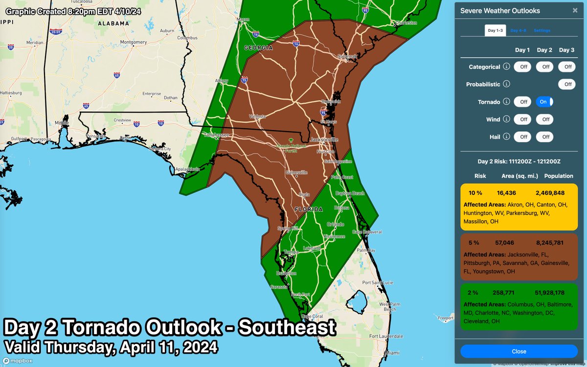 The threat of severe weather will persist tomorrow, this time across the Upper Ohio Valley where an enhanced risk is posted. A slight risk is also posted for parts of Florida, Georgia, and South Carolina. Damaging winds and a few tornadoes are expected to be the main threats.