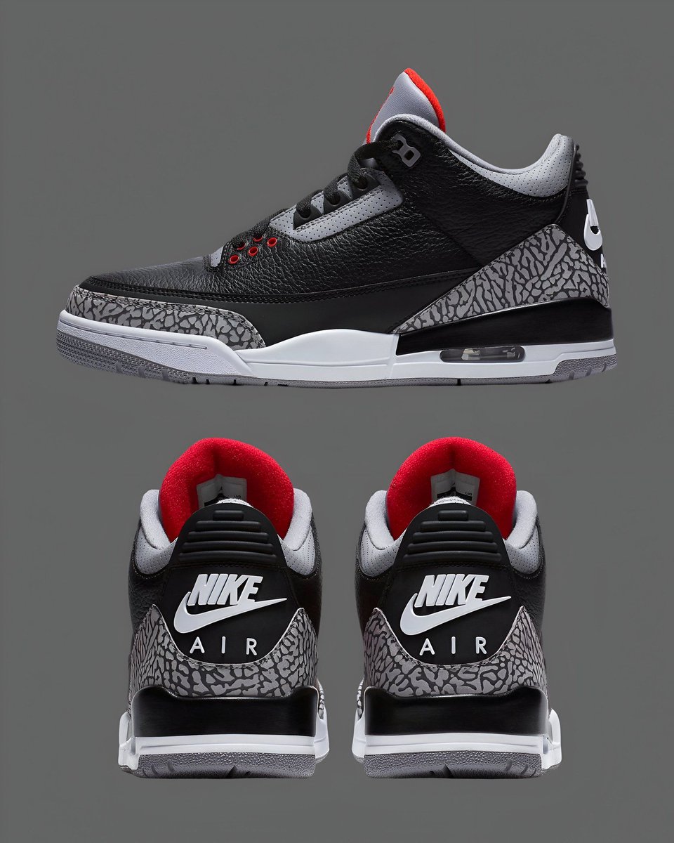 KicksUnderCost's tweet photo. Confirmed for Black Friday 2024: Air Jordan 3 OG "Black Cement" finally makes a return featuring Nike Air branding https://t.co/Yc5E20vIBv