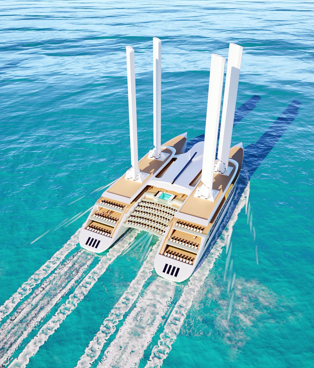 Cruise ship of the future? This catamaran powered by four 50m-high foldable sails has been unveiled by YSA Design and could carry 200 guests plus 155 crew. Engines running on green bio-methanol would sustain hotel operations and help the main propulsion on low-wind days.