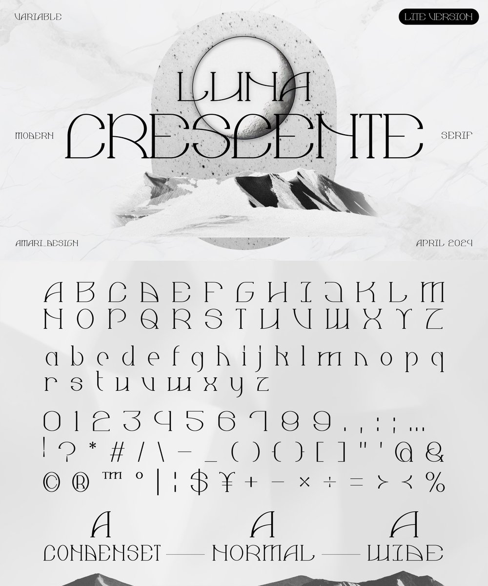 amari_design's tweet photo. 【Luna Crescente / 上弦の月 - Lite】
✨無料配布を開始しました✨

🌙月相からインスピレーションを得た、古典や神秘的なセリフフォント🌙

#フォントの日 #可変フォント #フリーフォント #フォント #作字 #Font #Variablefont #SerifFont #無料配布

▼FONT DLと特記事項
https://t.co/Or6rHHUUsd https://t.co/oAqaind6ZT