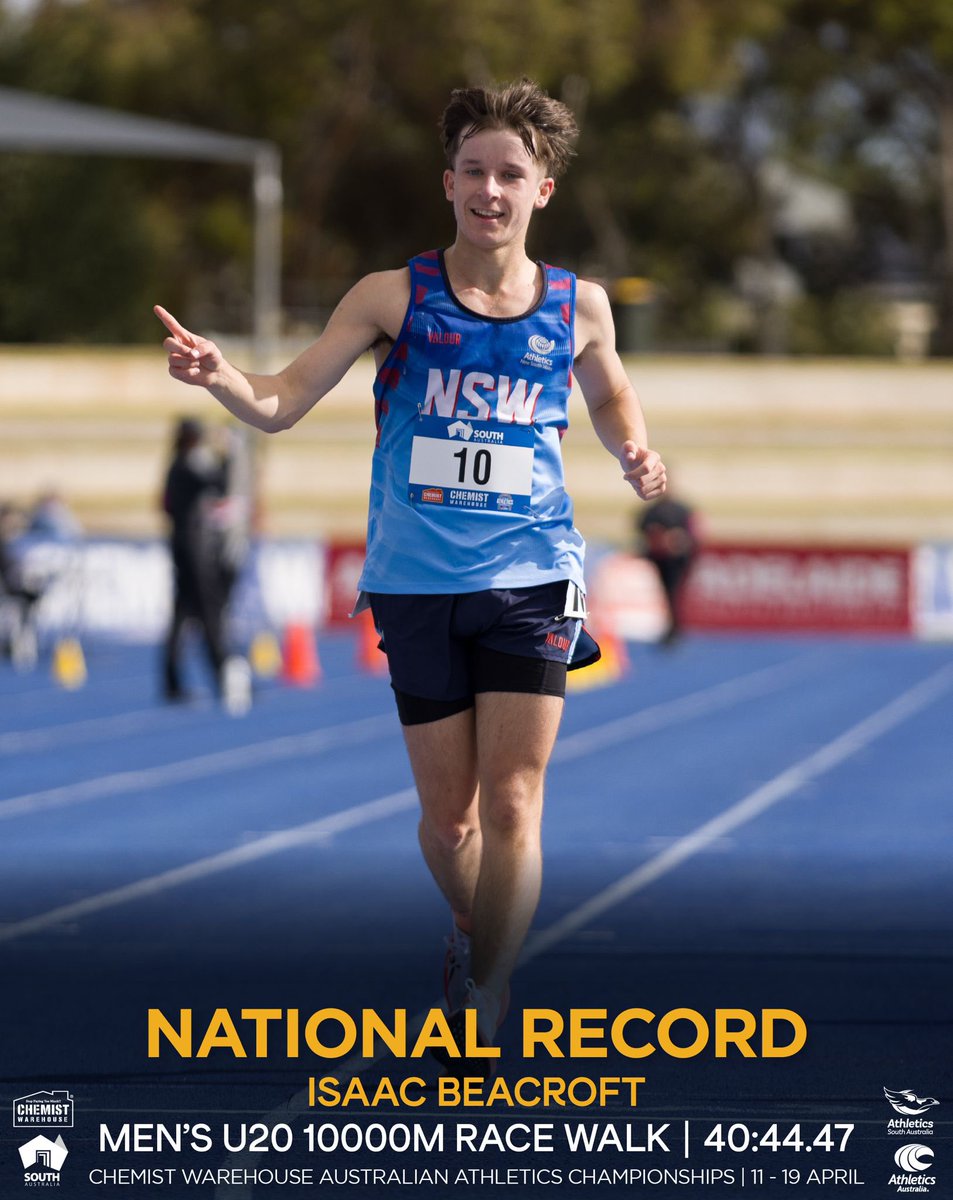 The new kid on the block 🔥 Isaac Beacroft walks his way into the record books in the opening event of the 2024 Chemist Warehouse Australian Athletics Championships, clocking 40:44.47 in the Men’s U20 10,000m Race Walk in Adelaide! #ItsShowtime #ThisIsAthletics