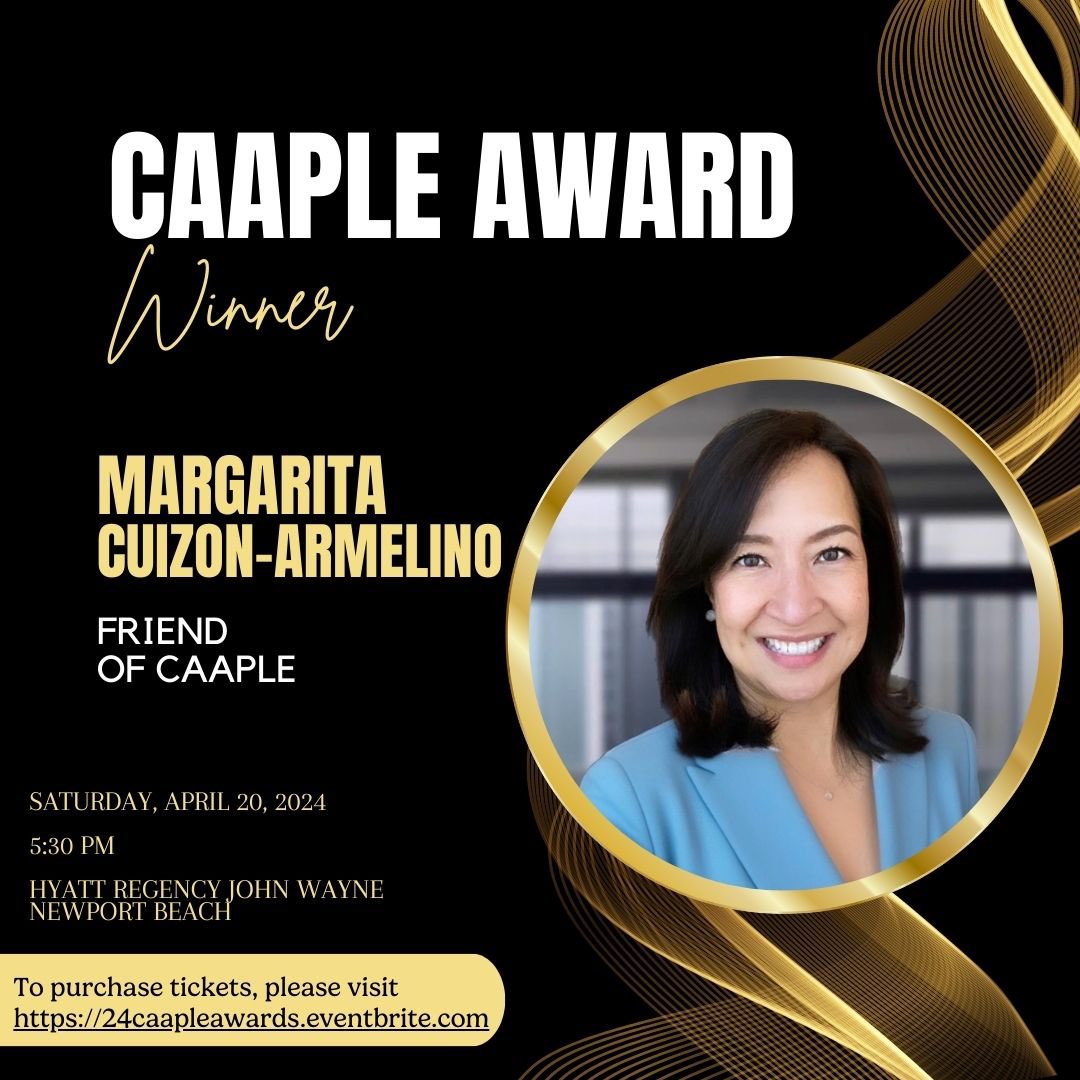 Congratulations to Margie Cuizon-Armelino from @ACSA_info, Friend of CAAPLE award winner! She is a true inspiration & a great advocate of the AAPI community! Her support has been invaluable to CAAPLE! Join us at #CAAPLECon24 to celebrate with @margieacsa! #CAAPLEproud