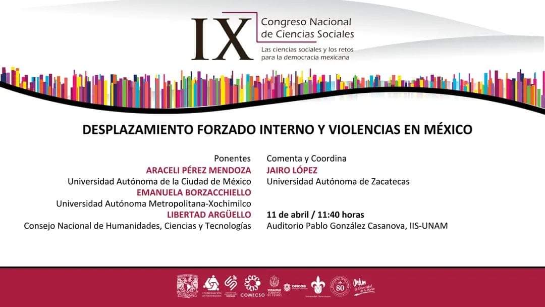 Mañana es la Mesa Estelar 'Desplazamiento Forzado Interno y Violencias en México', como parte de nuestros trabajos del GT. Con tres excelentes investigadoras 👌🏻👌🏻 En el Congreso de @COMECSO, auditorio del @IISUNAM 👇🏻👇🏻