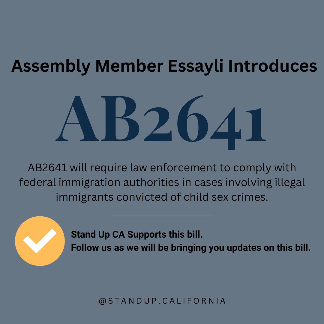 🚨 Assembly Member Bill Essayli made an announcement today that he is introducing AB2641.

AB2641 is being amended and language will be available soon. Stand Up CA will continue to follow this bill closely and bring you the most recent up to dates!