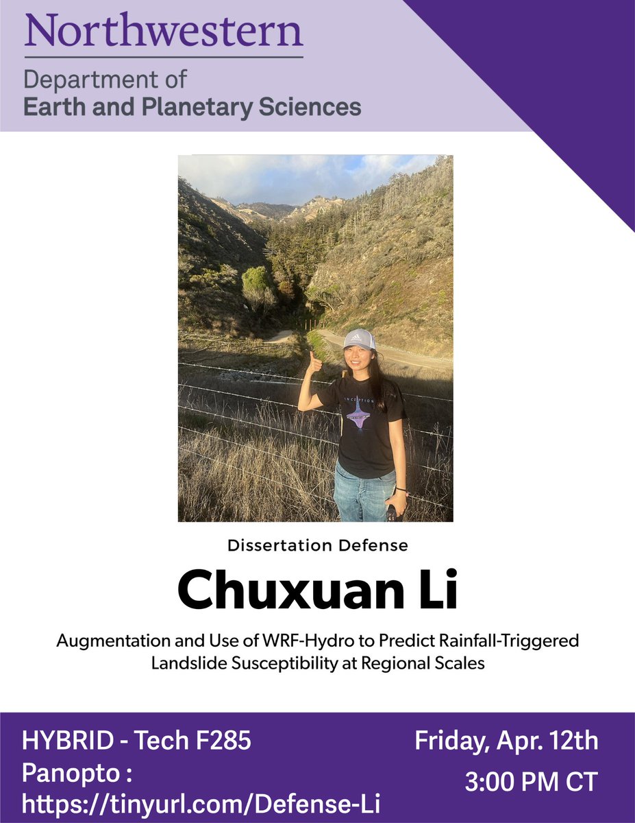 Friday April 12th at 3 pm CT, please join us for @li_chuxuan's dissertation defense, entitled 'Augmentation and Use of WRF-Hydro to Predict Rainfall-Triggered Landslide Susceptibility at Regional Scales.' In person or remote via Panopto.