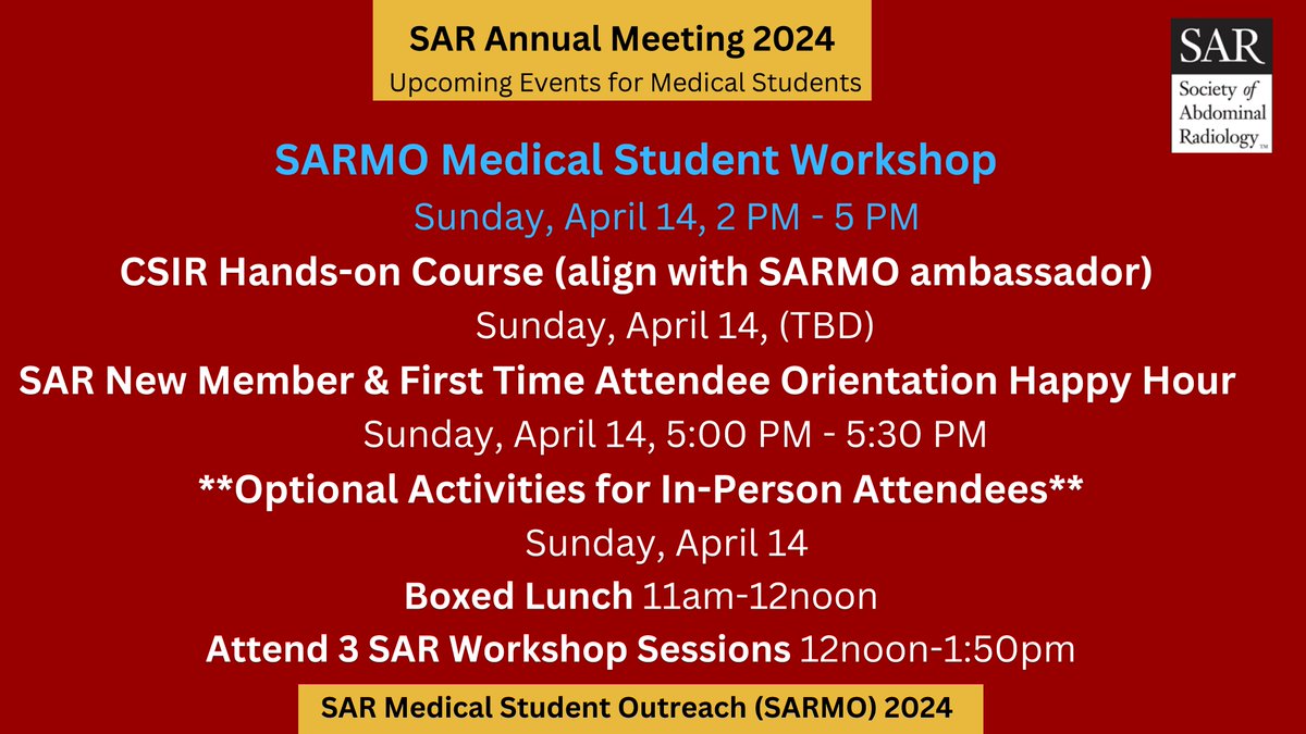 ✅🛑⏰Med students, ready for #SAR2024? Don't miss a day packed with workshops and meet-ups on April 14. It's your chance to connect and learn in the world of radiology! #FutureRadiologists #Medstudents #Radiology