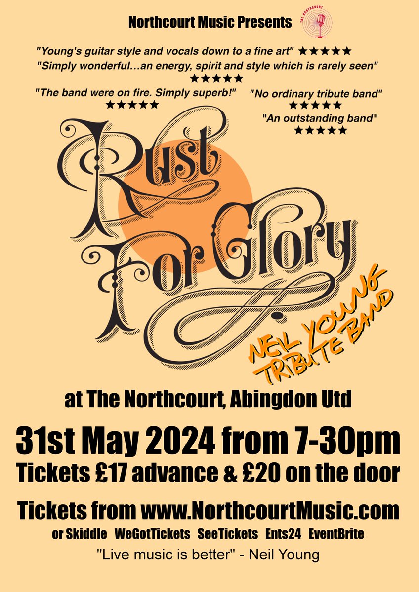 Coming soon!! INXS, ELO & the best most authentic Neil Young & Crazy Horse tribute you will see anywhere. More info & tickets from NorthcourtMusic.com