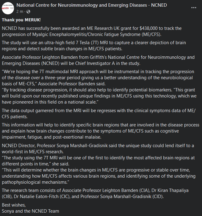 NCNED [in Australia] has successfully been awarded an @MEResearchUK grant for AUS$438,000 to track the progression of #MyalgicEncephalomyelitis/ #ChronicFatigueSyndrome (#MECFS). The study will use an ultra-high field 7 Tesla (7T) MRI From: facebook.com/NCNED/posts/pf… #CFS #PwME