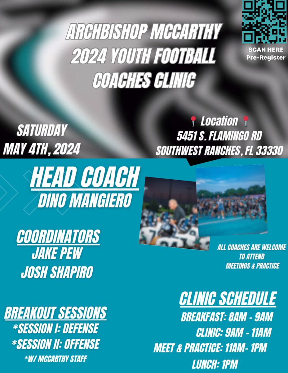 ARCHBISHOP MCCARTHY 2024 YOUTH FOOTBALL COACHES CLINIC 🗓️ Saturday, May 4th 🕗 8am - 1pm 📍Archbishop McCarthy HS #clinictalk