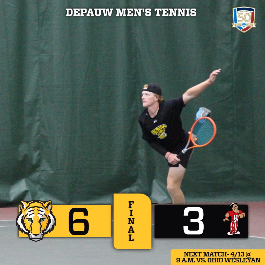 Result from today’s match against Wabash:
🎾 The men’s @DePauwTennis team beat Wabash 6-3 and moved to 3-0 in @NCAC play! 

#TeamDePauw #d3tennis