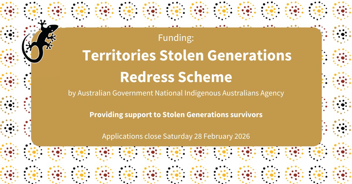 Applications still open: Territories Stolen Generations Redress Scheme provides financial & wellbeing package in recognition of harm caused to #StolenGeneration members in the NT, ACT & Jervis Bay Territory: 🔗 bit.ly/3G7NARg